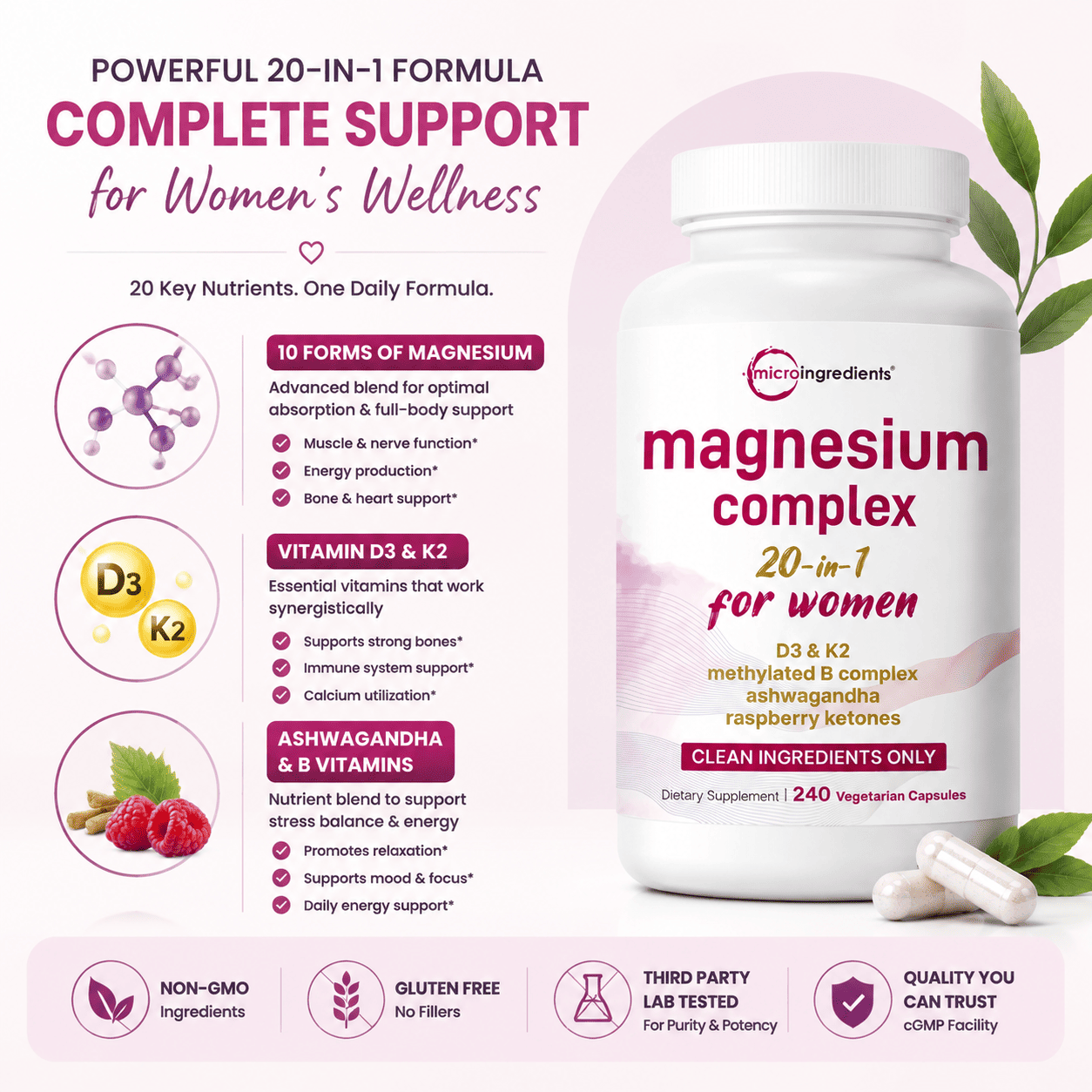 Micro Ingredients Magnesium Complex 20-in-1 for Women, 240 Vegetarian Capsules