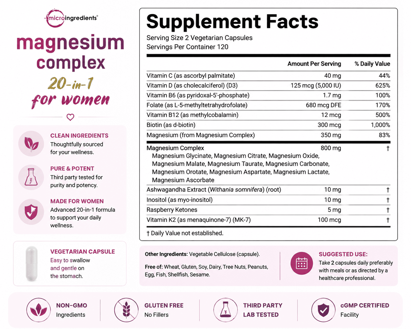 Micro Ingredients Magnesium Complex 20-in-1 for Women, 240 Vegetarian Capsules